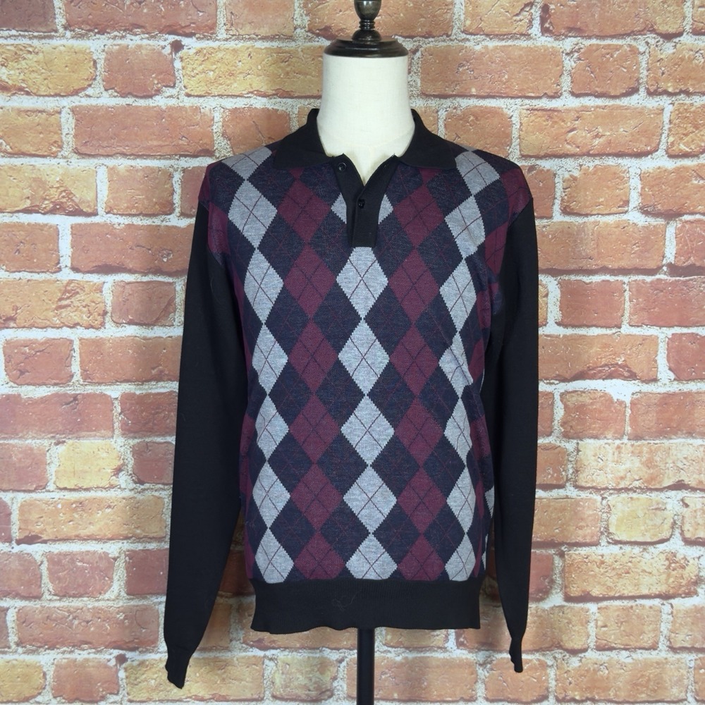 Johnny J Sweater Men's XL Black Argyle Red Pullover Long Sleeve Collared Golf